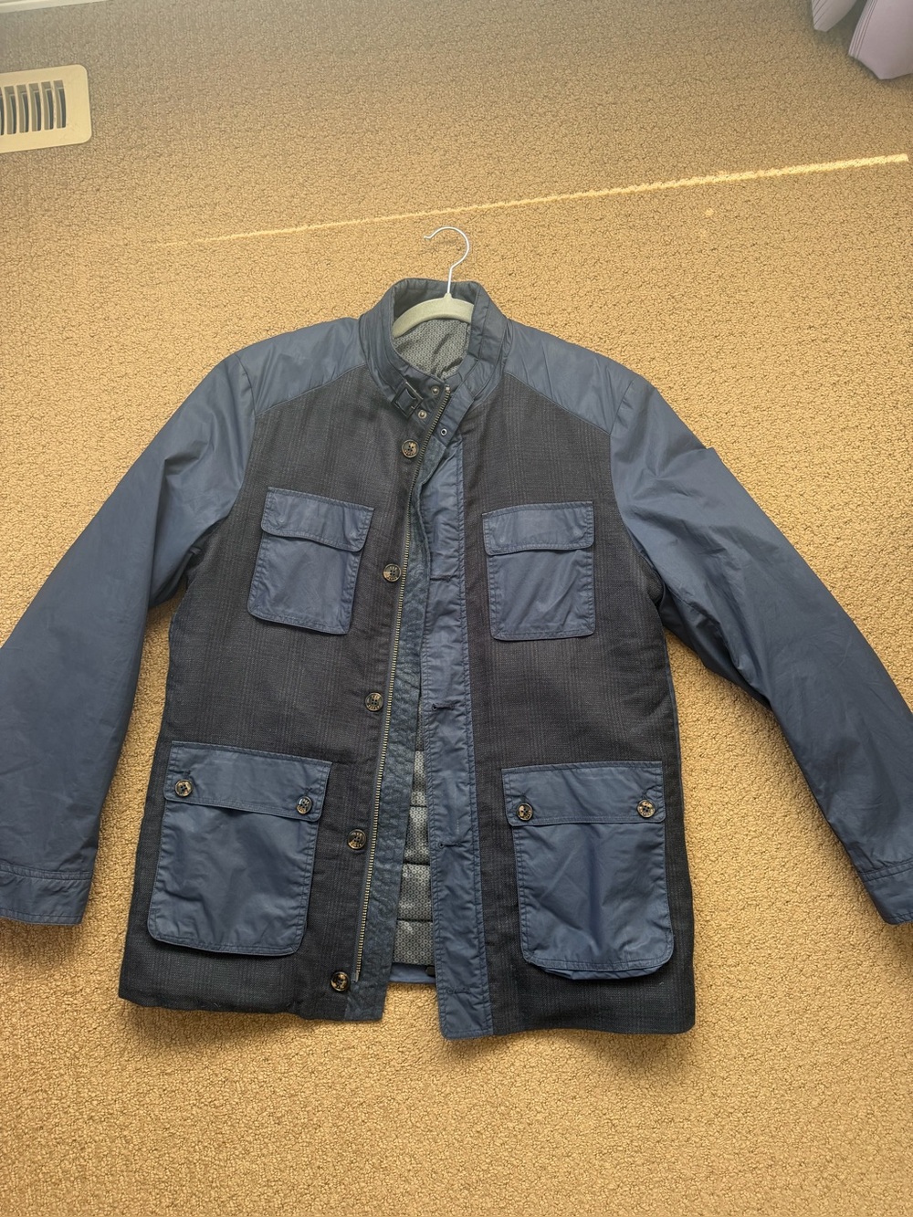 Ted Baker London Men’s Navy Blue Mixed Media Quilted Utility Jacket Size 5 (XL) - Picture 2 of 8
